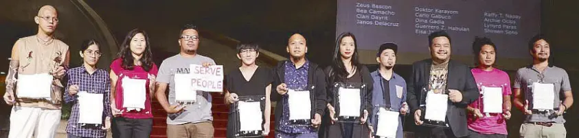  ??  ?? The CCP 13 Artists Awardees: Zeus Bascon, Dina Gadia, Bea Camacho, Archie Oclos, Shireen Seno, Raffy T. Napay, Eisa Jocson, Guerredro Z. Habulan, Janos Delacruz, Doktor Karayom and Cian Dayrit (— not in photo are Carlo Gabuco and Lynyrd Paras)