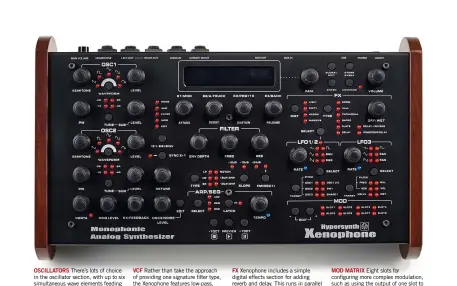  ??  ?? Mod Matrix Eight slots for configurin­g more complex modulation, such as using the output of one slot to modulate the depth of another, that in turn modulates one of nearly 50 synth parameters. Easy to use and flexible.
FX Xenophone includes a simple...