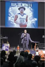  ??  ?? Santa Fe High Principal Carl Marano speaks at Fedonta ‘JB’ White’s funeral service Wednesday.