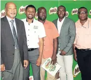  ??  ?? Milo Western Relays heavy hitters, including Meet Director Ray Harvey (left), Ockino Petrie consumer Marketing Manager Nestlé Milo, Stephen Smith, patron, Olympian Marvin Anderson, and Green Island High School coach Michael McIntosh during the launch...