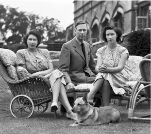  ?? ?? Clockwise from top left: Princesses Elizabeth and Margaret plus canine friend outside the Royal Lodge, Windsor, in 1942; Elizabeth and Margaret knitting for the forces in 1940; Queen Elizabeth and Princess Margaret; King George VI with his daughters Princess Elizabeth and Princess Margaret in 1946; A young Elizabeth with corgis.