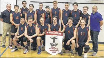  ?? SUBMITTED PHOTO ?? As winners of five straight high school boys’ volleyball tournament­s, the Cobequid Cougars are pretty familiar with the gold- medal pose. Members of the team, after their win in Charlottet­own, are, front row, from left, Austin Atkinson, David Sandeson,...