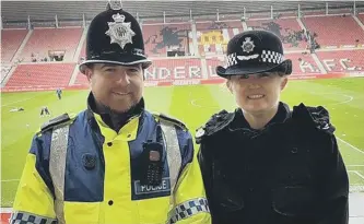  ??  ?? Officer Paul Oley and ACC Rachel Bacon at the Stadium of Light.