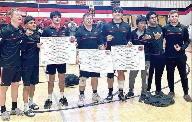  ?? Submitted photo ?? Pictured are the state qualifiers for the McDonald County High School boys wrestling program: (from left) Levi Smith (144 pounds), Eberson Perez (106), Blaine Ortiz (district champion, 138), Samuel Murphy (district champion, 215), Jayce Hitt (district champion, 285), Robinson Yoshino (113), Malosi Sosef (190) and Colter Vick (175). All eight will represent McDonald County in the Class 3 State Tournament beginning at 8:30 a.m. Friday at Mizzou Arena in Columbia.