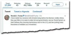  ??  ?? L’accusa
Il tweet con cui il presidente Usa, Donald Trump, ha attaccato Amazon: «Ho dichiarato le mie preoccupaz­ioni prima delle elezioni. Paga poche tasse, usa il sistema postale come fattorino (causando un’enorme perdita di gettito) e mette fuori...