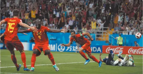  ?? AP PHOTO ?? Belgium’s Nacer Chadli, second right, celebrates after scoring his third side’s goal during the round of 16 match between Belgium and Japan at the 2018 soccer World Cup in the Rostov Arena, in Rostov-on-Don, Russia on Monday.