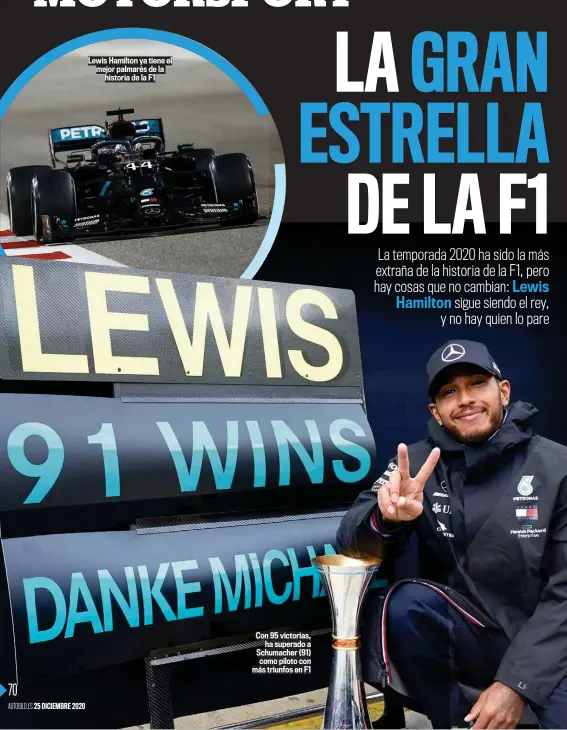  ??  ?? Lewis Hamilton ya tiene el mejor palmarés de la historia de la F1
Con 95 victorias, ha superado a Schumacher (91) como piloto con más triunfos en F1