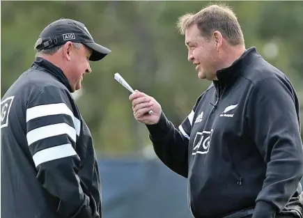  ??  ?? All Blacks head coach Steve Hansen (right) makes a point to his assistant Ian Foster in Perth.