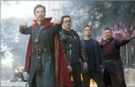  ?? MARVEL STUDIOS VIA AP ?? This image released by Marvel Studios shows, from left, Benedict Cumberbatc­h, Robert Downey Jr., Mark Ruffalo and Benedict Wong in a scene from “Avengers: Infinity War.”