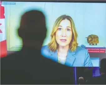  ?? THE CANADIAN PRESS ?? Canada's Ambassador to the United States, Kirsten Hillman, speaks via video to the Global Business Forum in Banff on Thursday. She says Canada has to keep stressing how trade is good for both countries.