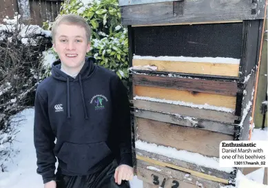  ??  ?? Enthusiast­ic Daniel Marsh with one of his beehives 130117mars­h_02