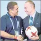  ??  ?? AIFF President Praful Patel greets Head of FIFA Tournament­s, Jaime Yarza at a press meet during FIFA U-17 World Cup 2017 in Kolkata on Thursday.