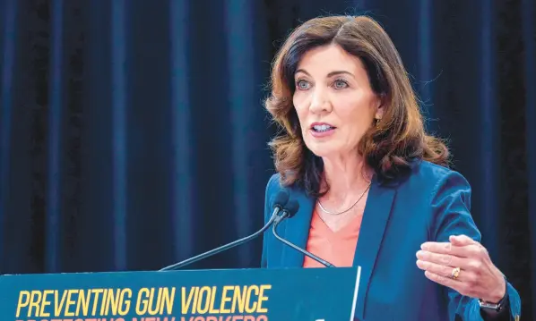  ?? MARY ALTAFFER/AP ?? New York Gov. Kathy Hochul speaks during a June 6 ceremony to sign a package of bills to strengthen gun laws in New York.