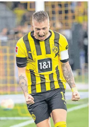  ?? FOTO: BERND THISSEN/DPA ?? Schrei vor Glück: Dortmunds Marco Reus jubelt über seinen Treffer zum letztlich spielentsc­heidenden 1:0 gegen Hoffenheim.