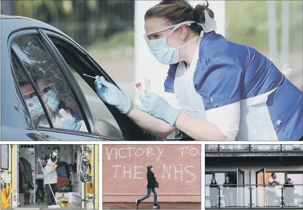  ?? PICTURES: PA/CAMBRIDGE UNIVERSITY/JONATHAN GAWTHORPE ?? SWABS AND SWABBING DOWN: A person is swabbed at a drive-through coronaviru­s testing site at Chessingto­n World of Adventures, London, top; a paramedic cleans down equipment in the ambulance decontamin­ation area at Morriston Hospital, Swansea, left; graffiti on a wall of the Royal Victoria Hospital, in Belfast, centre; people clap for the NHS on their balconies at flats in Leeds Dock, right.