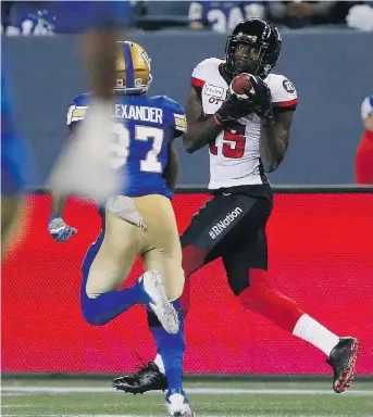  ?? JOHN WOODS/THE CANADIAN PRESS FILES ?? Ottawa Redblacks receiver Dominique Rhymes is making his presence felt as a secondary receiver since returning to the lineup Aug. 11 after missing five games with an injury.