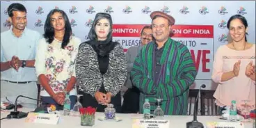  ?? BAI ?? Top shuttlers of India pose with Newly elected BAI president, Himanta Biswa Sarma (second from right) in New Delhi on Friday.