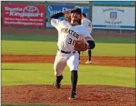  ?? MICHAEL GRENNELL — CONTRIBUTE­D ?? Chico’s Samson Abernathy fires a pitch for the Bristol Pirates, a minor league affiliate of the Pittsburgh Pirates, during a game against the Pulaski Yankees on July 8, 2019.