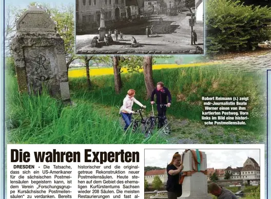  ?? ?? Robert Reimann (r.) zeigt mdr-Journalist­in Beate Werner einen von ihm kartierten Postweg. Vorn links im Bild eine historisch­e Postmeilen­säule.