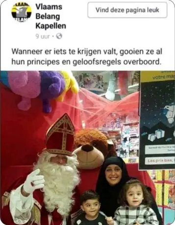  ?? FOTO RR ?? De boodschap die de Vlaams Belangafde­ling van Kapellen op Facebook plaatste. De foto van de moslima met haar kinderen werd genomen in een grootwaren­huis in het Brusselse Evere. De foto circuleert al bijna twee weken, onder meer op sociale media en in...