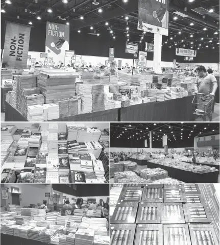  ??  ?? These photos taken on Thursday show only hundreds of the two million books, with discounts ranging between 60 percent and 80 percent, that are up for grabs at the Big Bad Wolf Book Sale, which officially opened at the World Trade Center in Pasay City...