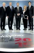  ?? THE CANADIAN PRESS FILES ?? From left to right, Bloc Quebecois Leader Gilles Duceppe, Conservati­ve Leader Stephen Harper, NDP Leader Tom Mulcair, Green party Leader Elizabeth May and Liberal Leader Justin Trudeau pose for photos before the French-language leaders’ debate on...