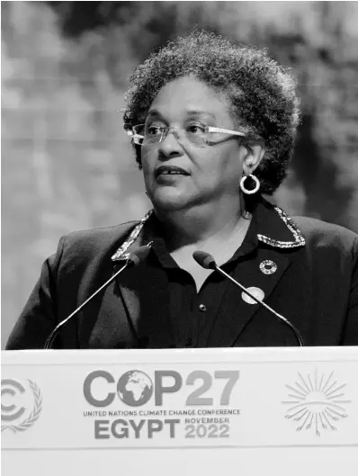  ?? AP ?? Mia Mottley, prime minister of Barbados, speaks at the COP27 UN Climate Summit, November 8, 2022, in Sharm el-Sheikh, Egypt.