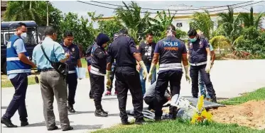  ??  ?? Grim task: Personnel from DVS and the police forensic unit digging up the remains of one of the dogs allegedly poisoned in Lavender Heights.