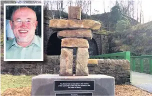  ??  ?? ●● The Stone Man monument at the entrance to the railway tunnels in Waterfoot was the brainchild of the late Alderman Michael McShea (inset)