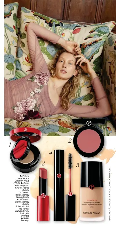  ??  ?? Cushion Nº5.5 5 2.
Cheek Fabric
3. Ecstasy Shine
4.
Black Ecstasy
5. Fabric
Power
Giorgio Armani Beauty.