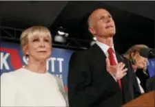  ?? THE ASSOCIATED PRESS ?? In this Wednesday, Nov. 7, 2018, file photo Republican Senate candidate Rick Scott speaks with his wife Ann by his side at an election watch party in Naples, Fla.