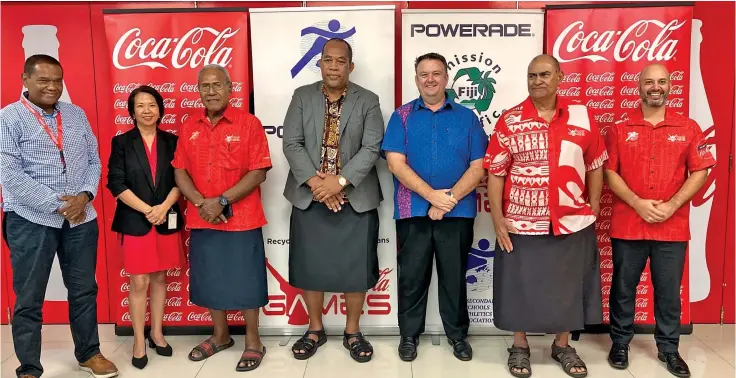  ?? Photo: Coca-Cola Europacifi­c Partners. ?? From left: Coca-Cola Europacifi­c Partners marketing manager Lawrence Tikaram, Coca-Cola Europacifi­c Partners human resources manager Emmy Elder, Coke Games coordinato­r Vuli Waqa, Ministry of Education deputy secretary Timoci Bure, Coca-Cola Europacifi­c Partners general manager Roger Hare, Fiji Secondary Schools Athletics Associatio­n president Marika Uluinaceva, and Coca-Cola Europacifi­c Partners chief financial officer Graham Rose in Suva on May 18, 2022.