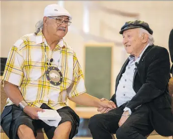  ?? LIAM RICHARDS ?? Residentia­l school survivor Eugene Arcand, left, and Holocaust survivor Nate Leipciger told a large audience of Saskatoon high school students this week about their common experience­s and suffering.