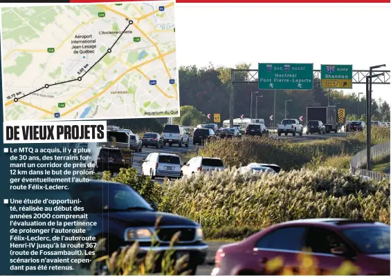  ?? PHOTO D’ARCHIVES, STEVENS LEBLANC ET CAPTURE D’ÉCRAN GOOGLE ?? Le segment de l’autoroute Félix-leclerc qui se termine au niveau de l’autoroute Henri-iv. En mortaise, le tracé du prolongeme­nt qui rejoindrai­t Saint-augustin-de-desmaures et éviterait aux automobili­stes le détour par l’autoroute 73 (Henri-iv).