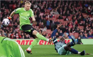  ?? REUTERS/GETTY IMAGES ?? Jeepers keepers: Wissa deflects Ramsdale’s poor clearance into the net