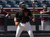  ?? MATT YORK — THE ASSOCIATED PRESS ?? The Giants’ Evan Longoria hits against the Arizona Diamondbac­ks during the second inning on March 8, in Scottsdale, Ariz.