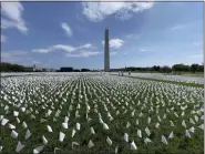  ?? TRIBUNE NEWS SERVICE ?? White flags are seen on the National Mall near the Washington Monument in Washington, D.C., on Sept. 19, 2021. The project, by artist Suzanne Brennan Firstenber­g, uses over 600,000 miniature white flags to symbolize the lives lost to COVID-19in the US.