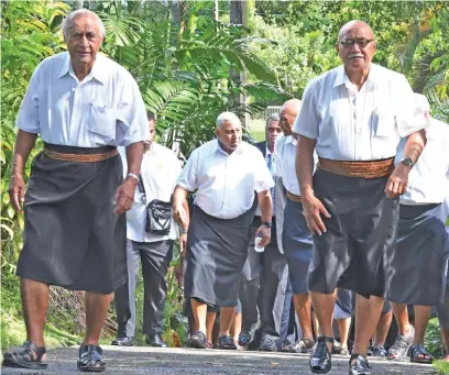  ??  ?? Former President Ratu Epeli Nailatikau (left), Prime Minister Voreqe Bainimaram­a and President Major-General (Ret’d) Jioji Konrote lead a group to pay respects to the late Speaker of Parliament Dr Jiko Luveni on December 28, 2018.