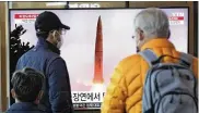  ?? AHN YOUNG-JOON / AP ?? A TV screen shows a file image of North Korea’s missile launch. North Korea test-launched an interconti­nental ballistic missile Thursday.