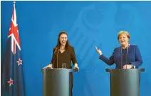  ?? PHOTO: AP ?? Prime Minister Jacinda Ardern, left, and German Chancellor Angela Merkel brief the media after a meeting at the chanceller­y in Berlin.