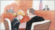  ?? JEFF KANDYBA VIA AP ?? In this courtroom sketch, pop singer Taylor Swift, front left, confers with her attorney as David Mueller, back left, and the judge look on during a civil trial in federal court in Denver. Mueller is a former radio disc jockey accused of groping Swift.