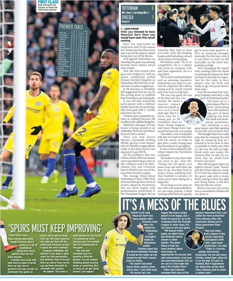  ??  ?? busy month and some tough fixtures. But it gives us a lot of confidence going into those games that we can beat anyone. “Chelsea are a top side and they’ve been in great form as well. So to perform the way we did, to dominate the game so FIRST CLASS Dele Alli beats his marker to head the Tottenham opener