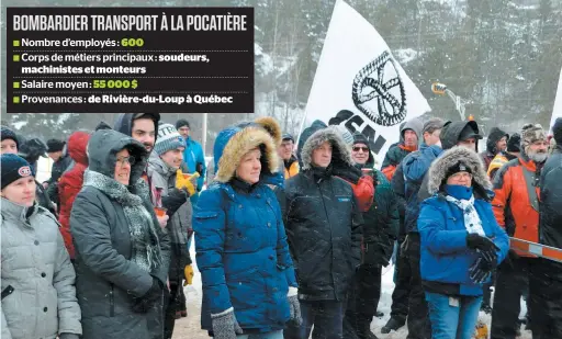  ?? PHOTO SIMON CLARK ?? Des travailleu­rs de Bombardier Transport à La Pocatière ont manifesté dehors, hier midi, pour tenter de faire comprendre au gouverneme­nt fédéral que l’exigence de contenu local était un enjeu important pour soutenir l’entreprise.