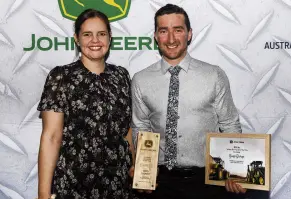  ?? ?? Otago Farm Machinery service technician Greg Bishop, of the Mosgiel branch, won the John Deere Agricultur­e Service Technician of the Year award and is pictured with John Deere aftermarke­t and customer support director Emma Ford.