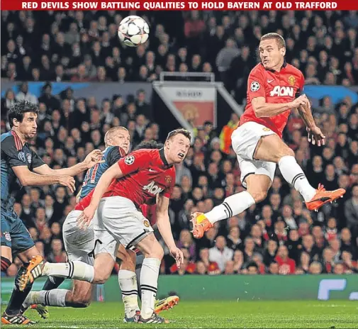  ?? Picture: PA. ?? Manchester United’s Nemanja Vidic powers in a header to open the scoring against Bayern Munich at Old Trafford last night in the Champion’s League quarter-final first leg. The match finished 1-1. See report on pages 50-51.