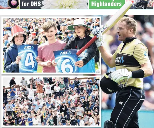  ?? PHOTOS: PETER MCINTOSH ?? Divided loyalties . . . Louis OskamSchmi­dt (13), Callum Smith (13) and Ramon Quennell (13), of Dunedin, were torn between the two sides but joined in the celebratio­ns as New Zealand secured a fourrun win in the T20 cricket match with Australia at the University of Otago Oval yesterday. Martin Guptill (right) set the stage for the Black Caps with a sparkling innings of 97.