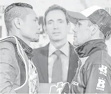  ?? 360 PROMOTIONS PHOTO ?? IBF flyweight champion Donnie Nietes (L) comes face to face with his Argentine challenger Juan Carlos Reveco at a press conference at the Westin Hotel in Los Angeles.