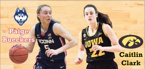  ?? Chris McNamee / Hearst Connecticu­t Media Illustrati­on; Photos by Getty Images ?? Freshman stars Paige Bueckers of UConn, left, and Caitlin Clark of Iowa will face off in this weekend's Sweet 16.