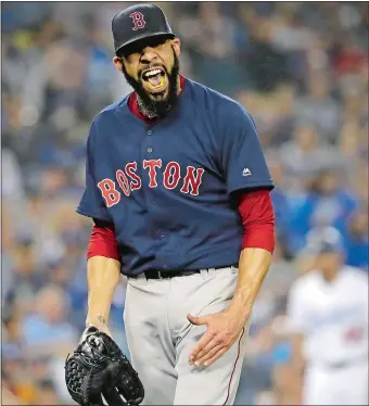  ?? DAVID J. PHILLIP/AP PHOTO ?? Red Sox pitcher David Price celebrates after retiring the Dodgers in order during the seventh inning of Game 5 of the World Series. Price allowed only three hits before departing in the eighth as the Red Sox defeated the Dodgers 5-1 to win their fourth world title since 2004.