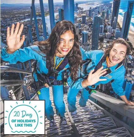  ?? Picture: Nigel Hallett ?? Sisters Holly and Allie Brown try out the Skypoint climb on the Gold Coast.